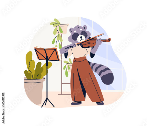 Cute raccoon plays violin, string instrument. Happy anthropomorphic animal performs music with fiddle, bow. Talented racoon musician is learning. Flat isolated vector illustration on white background