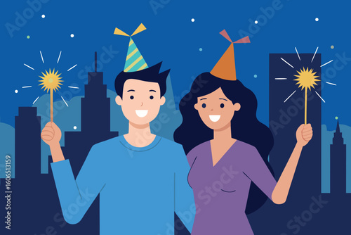 A couple celebrates with sparklers against a city skyline at night