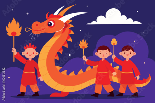 A vibrant dragon dances in a chinese new year parade with children