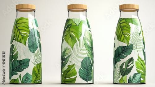 Three identical glass bottles with wooden caps, showcasing varying arrangements of a tropical leaf pattern in shades of green on a white background