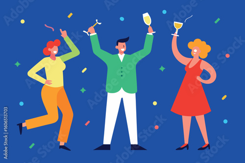A group of friends celebrate with drinks and confetti at a party