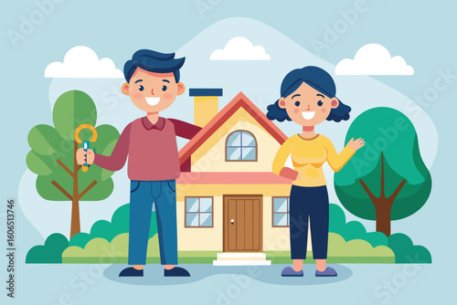 Happy couple celebrating the purchase of their new house in a vibrant cartoon illustration with a cheerful background of trees and clouds