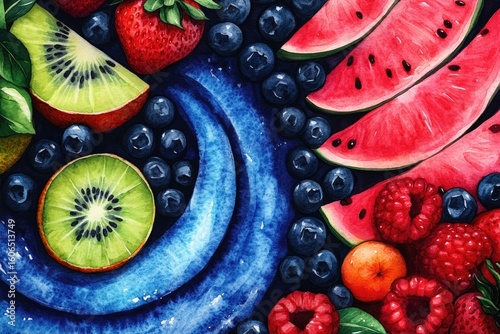 Vibrant watercolor painting of assorted summer fruits kiwi, strawberries, blueberries, raspberries, and watermelon slices arranged around a swirl of deep blue, possibly yogurt or paint