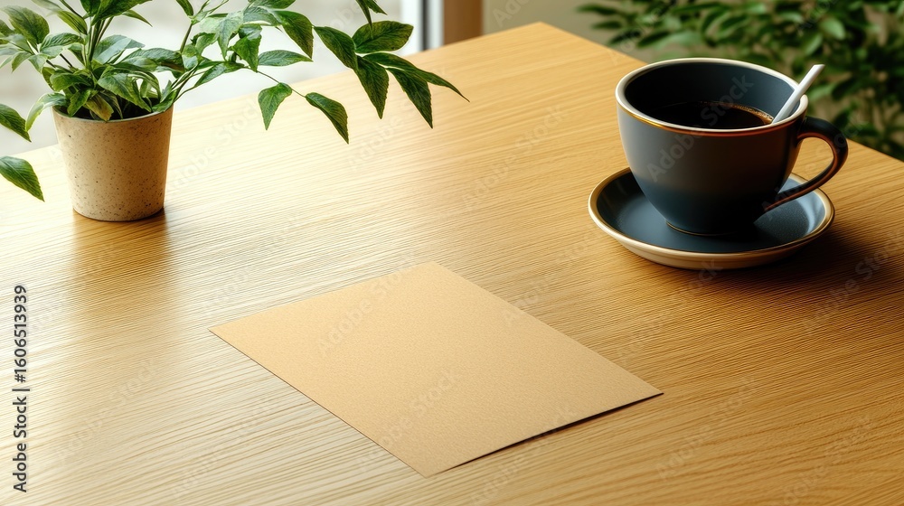 A light beige flyer rests on a light wood table near a dark grey coffee cup and saucer and small potted plant by a window. Natural light illuminates the scene A light beige flyer rests on a light wood table near a dark grey coffee cup and saucer and small potted plant by a window. Natural light illuminates the scene