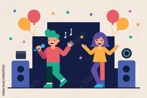 People dance and celebrate at a music party with balloons