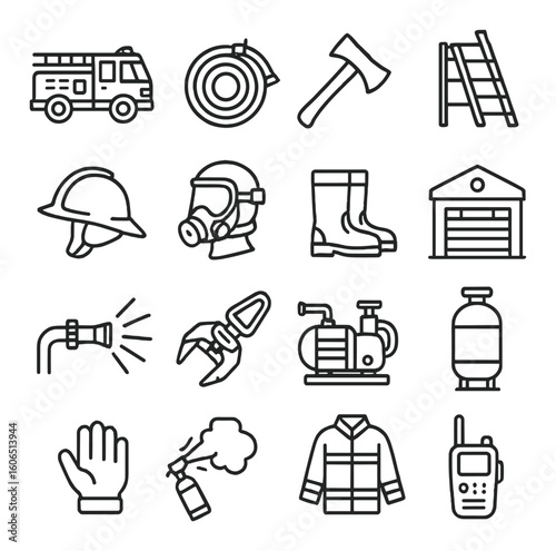 Firefighter equipment icons set: tools, gear, symbols, and safety essentials