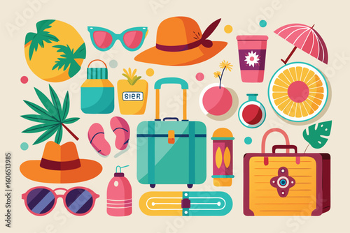 Collection of travel essentials for women featuring colorful hats, sunglasses, a suitcase, and tropical accessories for fun adventures