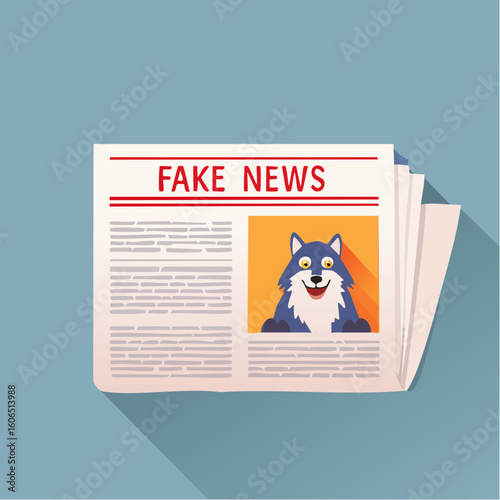 wolf in sheep's clothing  on a newspaper titled fake news on a light blue background