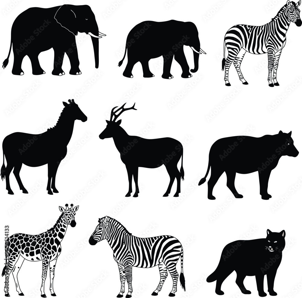 Naklejka premium Wild animal silhouettes: a vector collection of diverse mammal icons including horse, elephant, dog, giraffe, deer, cat, wolf, zebra, bear, lion, and cow