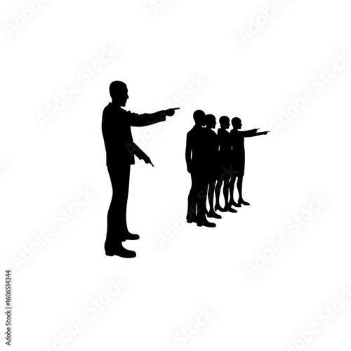 Silhouette of mentor guiding group with strategic hand gestures on white background