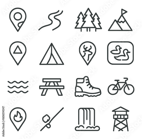 Camping and outdoor adventure icons: map, tent, hiking, nature symbols