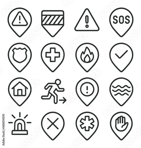 Emergency and safety icons collection for hazard alert and sos situations