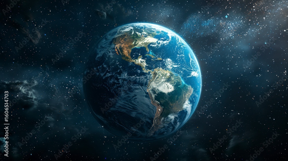 Fototapeta premium Earth view from space, showing North and South America, oceans, clouds and starry nebula background