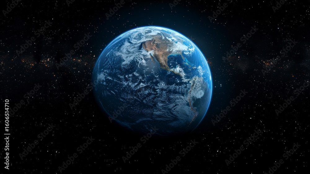 Fototapeta premium Earth from space, showing continents, oceans, and a backdrop of stars and nebulae