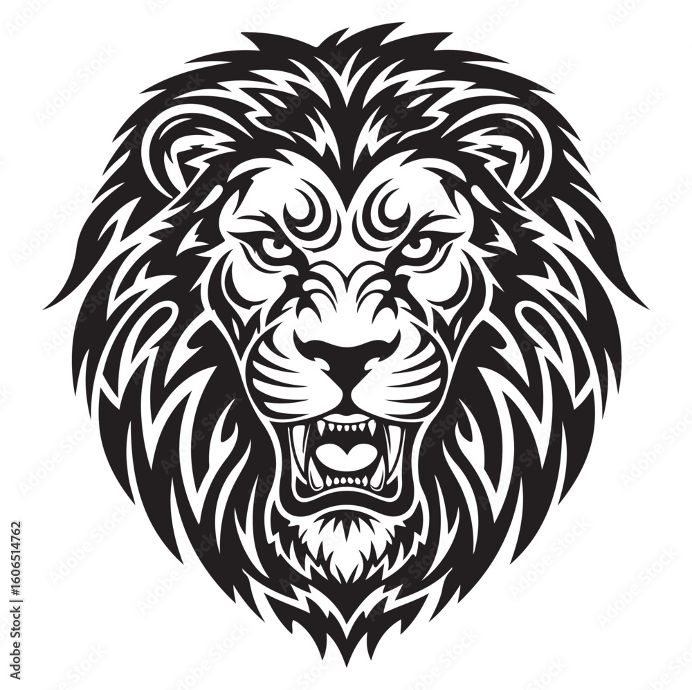 Fototapeta premium Tribal Lion Head Black Vector Art on White Background, AI generator