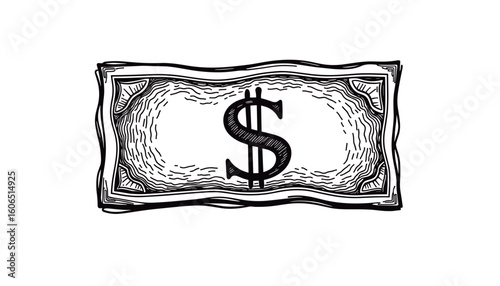 Black and white sketch of a dollar banknote on plain background  