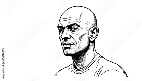 Bald man with a serious expression in a black and white sketch  