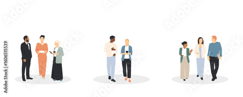 Collection of groups of people talking to each other. Communication concept.