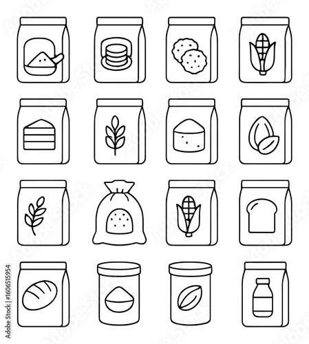 Minimalist icons of various packaged food items on gray background