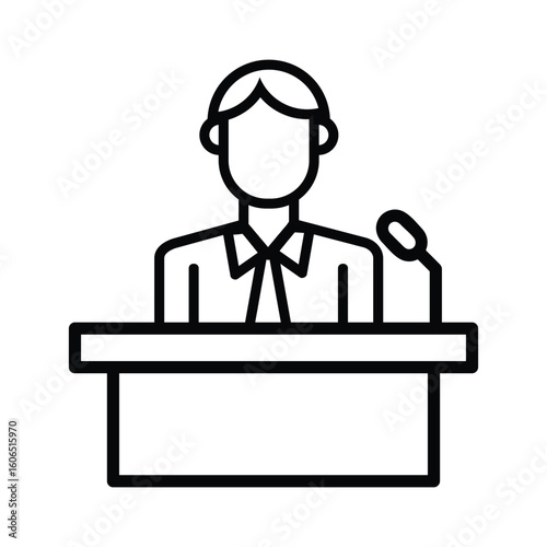 Outline of a person behind a podium speaking into a microphone
