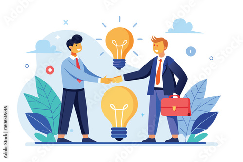 Business professionals exchanging innovative ideas during a merger and acquisition meeting featuring light bulb visuals to symbolize creativity and collaboration