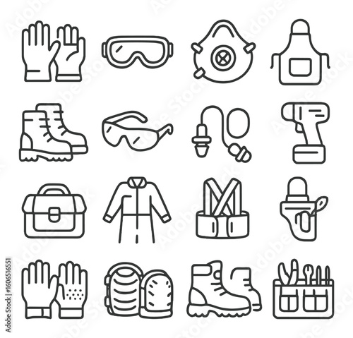 Protective gear icons: gloves, goggles, mask, boots, apron, helmet, drill, safety