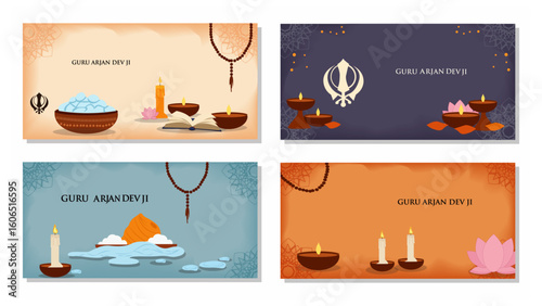 Guru Arjan Dev Ji Vector Banner Set - Diyas, Khanda & Spiritual Elements