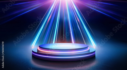Empty podium stage with neon spotlight background