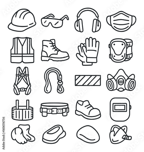 Essential safety equipment icons: helmets, gloves, masks, boots, goggles