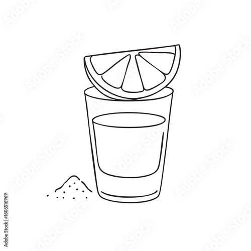 Minimalist Tequila Shot Illustration with Lime Wedge and Salt Pile on a White Background simple