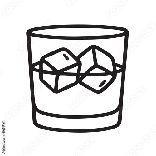 Minimalist Illustration of a Rocks Glass with Ice Cubes Black and White Line Art simple