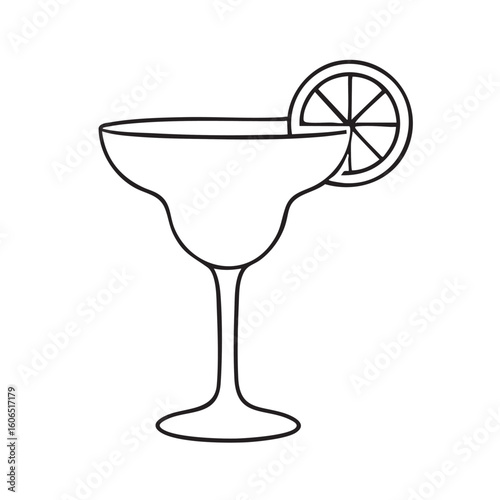 Simple Line Drawing of a Margarita Glass with a Lime Slice for Coloring Pages black