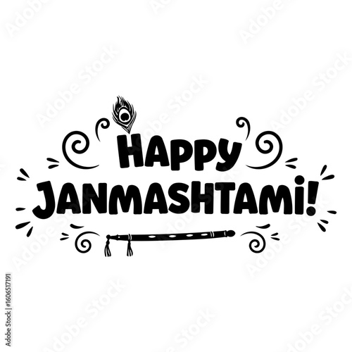 Happy Janmashtami festive graphic design with decorative elements. Displaying religious holiday celebration in a modern, bold typography style.