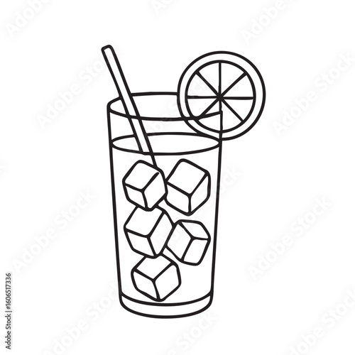 Line Art Illustration of a Refreshing Drink with Ice Cubes Straw and Orange Slice Garnish