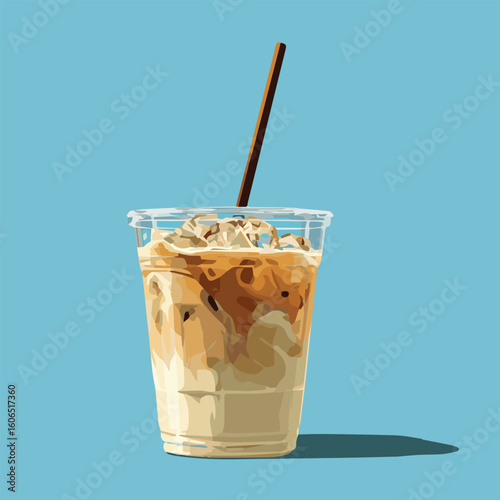 Vector illustration of ice coffee with ice in clear plastic cup