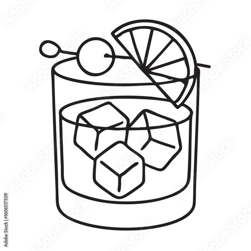 Minimalist Cocktail Illustration Old Fashioned with Ice Orange Slice and Cherry Garnish in Black and White