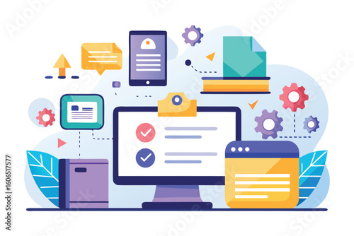Efficient electronic file organization service represented in a vector illustration highlighting technology and communication tools