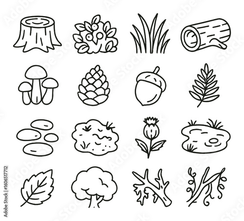 Nature icons collection: stump, acorn, mushrooms, leaves, grass, trees