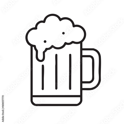 Minimalist Beer Mug Illustration with Frothy Head in Black and White Outline Style simple line