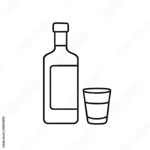 Simple Line Art Illustration of a Liquor Bottle and a Shot Glass on White Background