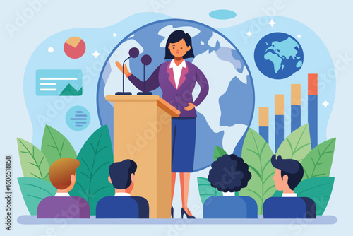 Ecological press conference member delivers important speech on sustainability and environmental issues to engaged audience