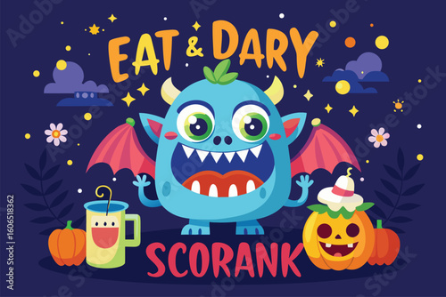 Funny concept design featuring a cheerful monster with wings and a party theme, promoting a lighthearted atmosphere for Halloween celebrations and autumn gatherings