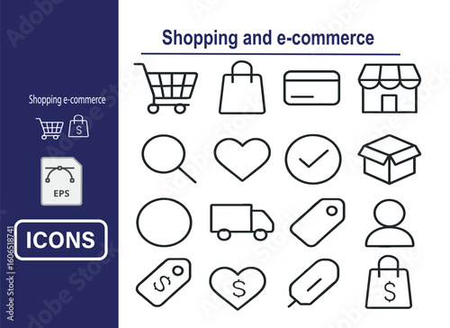 Shopping and e-commerce icon set, simple line design, customizable stroke, vector icons for online stores