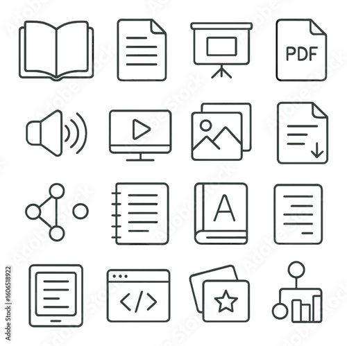 Minimalistic icon set featuring various digital tools and documents