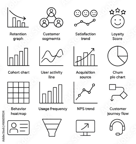 Business analytics icons: graphs, trends, and customer data visualization in vector style