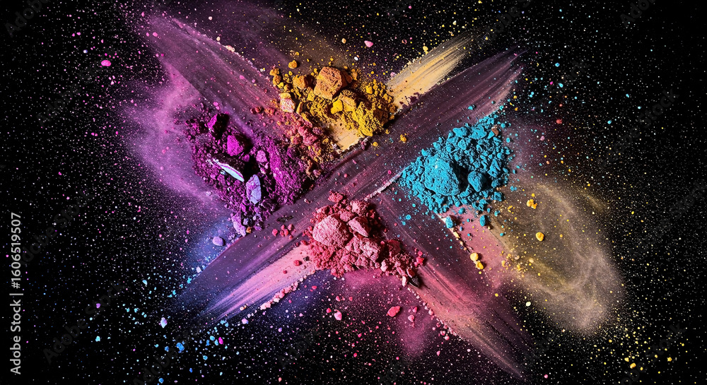 Naklejka premium Vibrant colored eyeshadows powder create intricate patterns on a dark surface in a creative composition