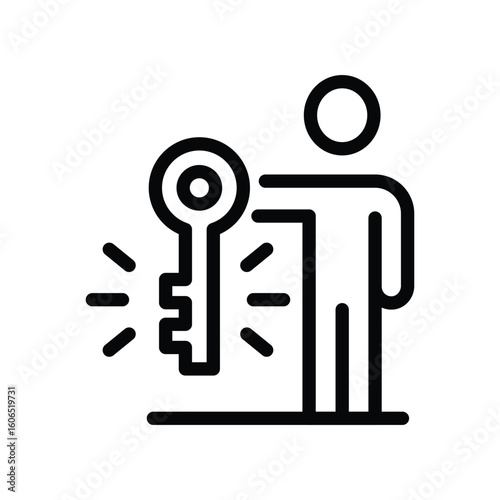 Icon of a person standing beside a key with radiating lines symbolizing a solution or access