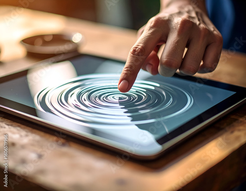 Hand Creating Ripple Effect on Touchscreen Tablet in Natural Light