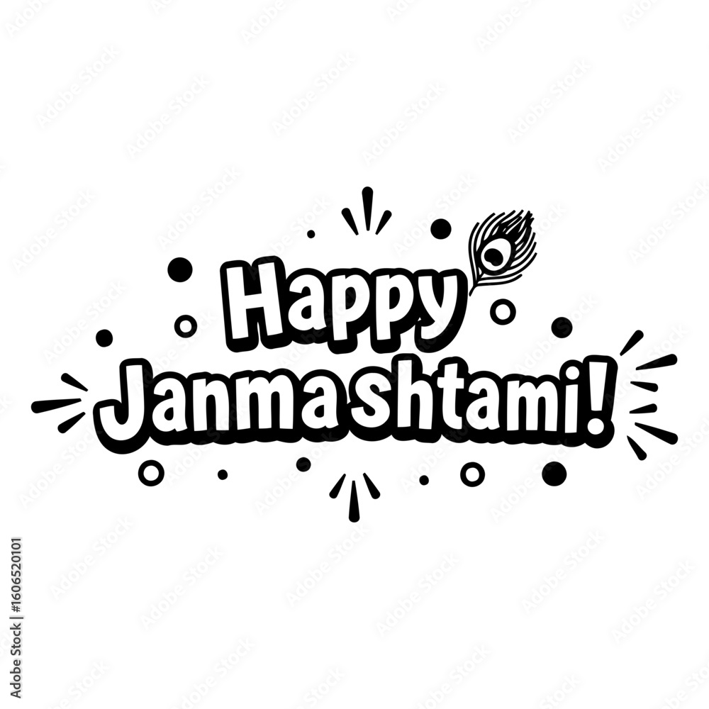 Fototapeta premium Happy Janmashtami greeting graphic design with celebratory style. Text graphic in stylized font with colorful elements, creating a festive mood.