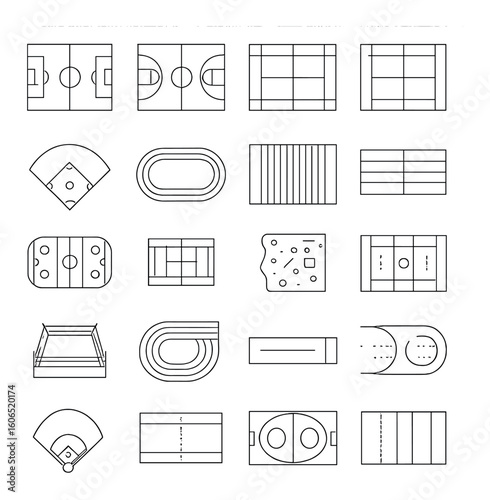 Collection of various sports fields and courts in minimalist outline design